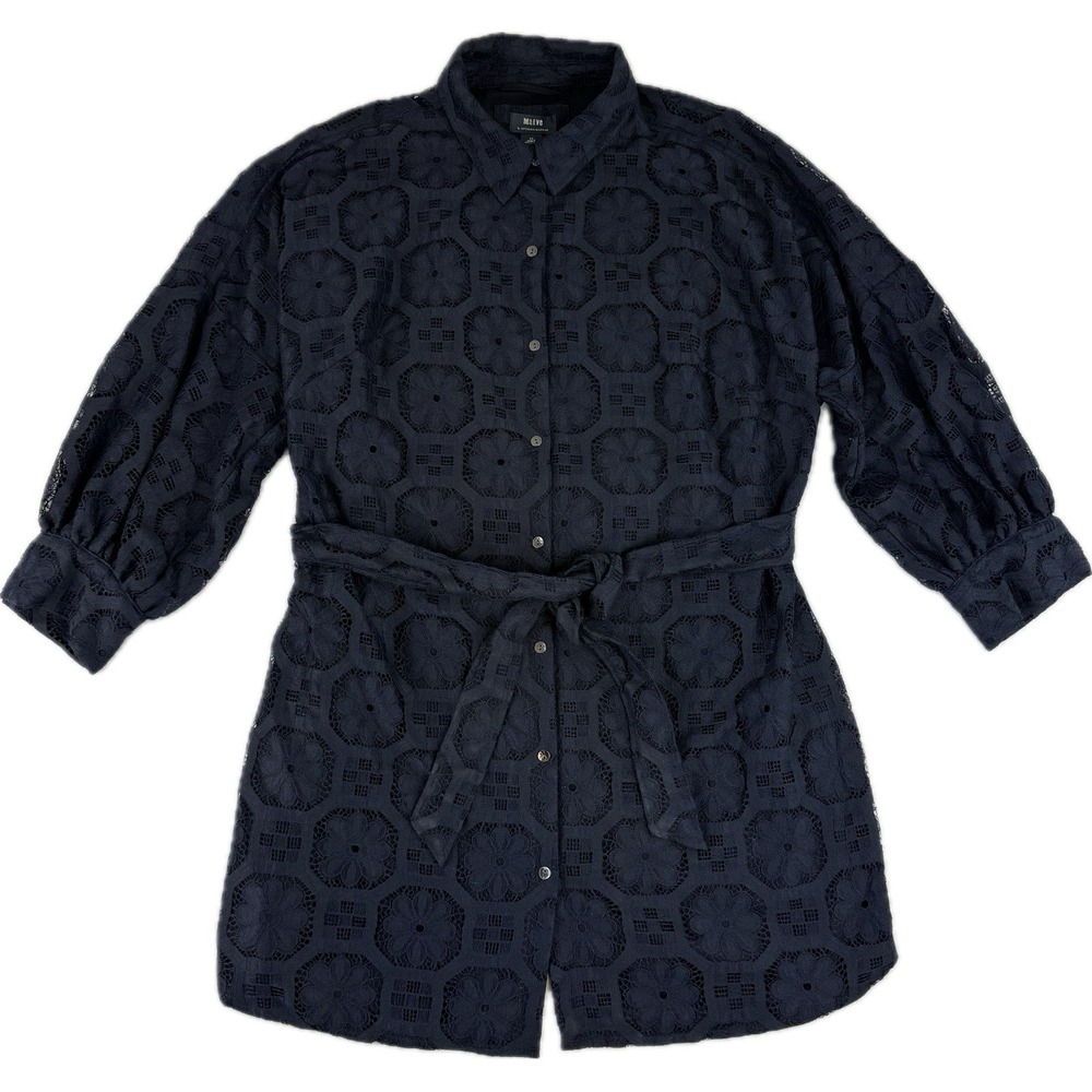 Maeve Anthropologie Dress Womens 2X Navy Belted Shirtdress Floral Lace